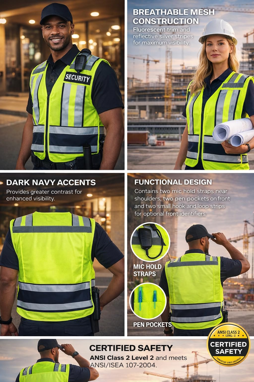 Security Gear High Visibility Safety Vest, ANSI, Reflective Hi Vis, Polyester, with Pockets, Mic Holder, Adjustable Fit