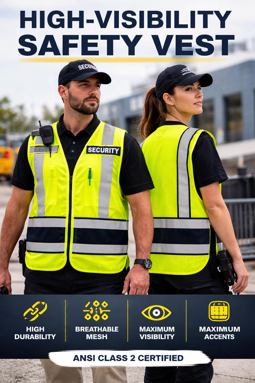 Security Gear High Visibility Safety Vest, ANSI, Reflective Hi Vis, Polyester, with Pockets, Mic Holder, Adjustable Fit